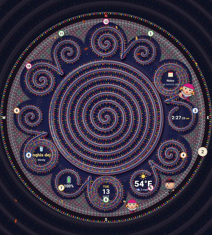 The Paj Ntaub Watch clock: embroidered spirals with the steps, heart rate, time, date, weather and battery in them, and the family running round